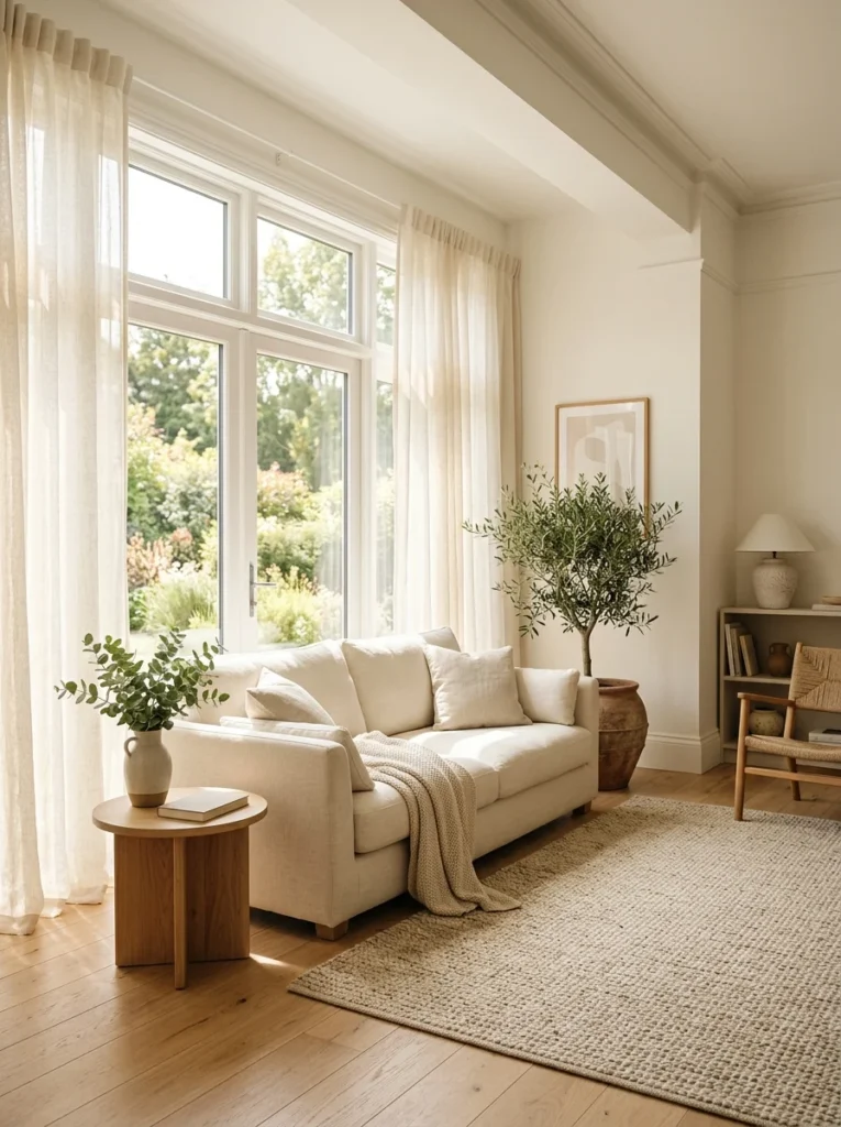 Living room filled with natural daylight through lightweight sheer curtains.