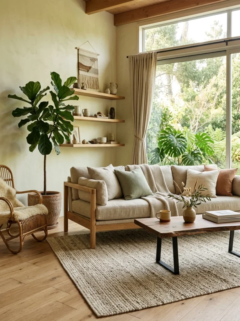 Natural linen sofa with wood details in a sustainable organic modern living room.