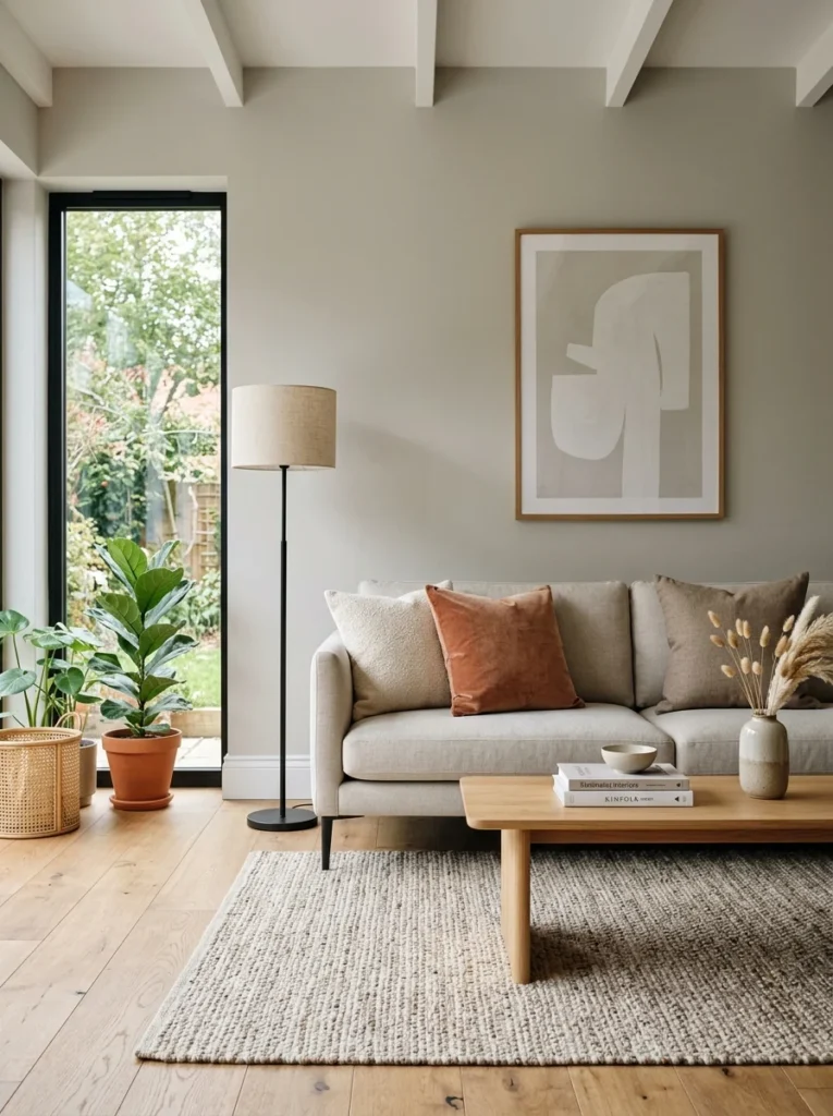 Modern sofa styled with three minimal and thoughtfully chosen accent pillows.