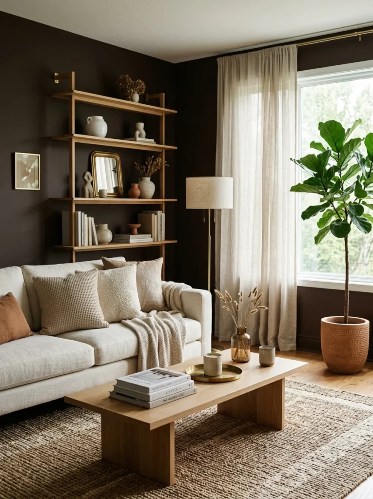 Light oak furniture contrasting with brown living room walls.