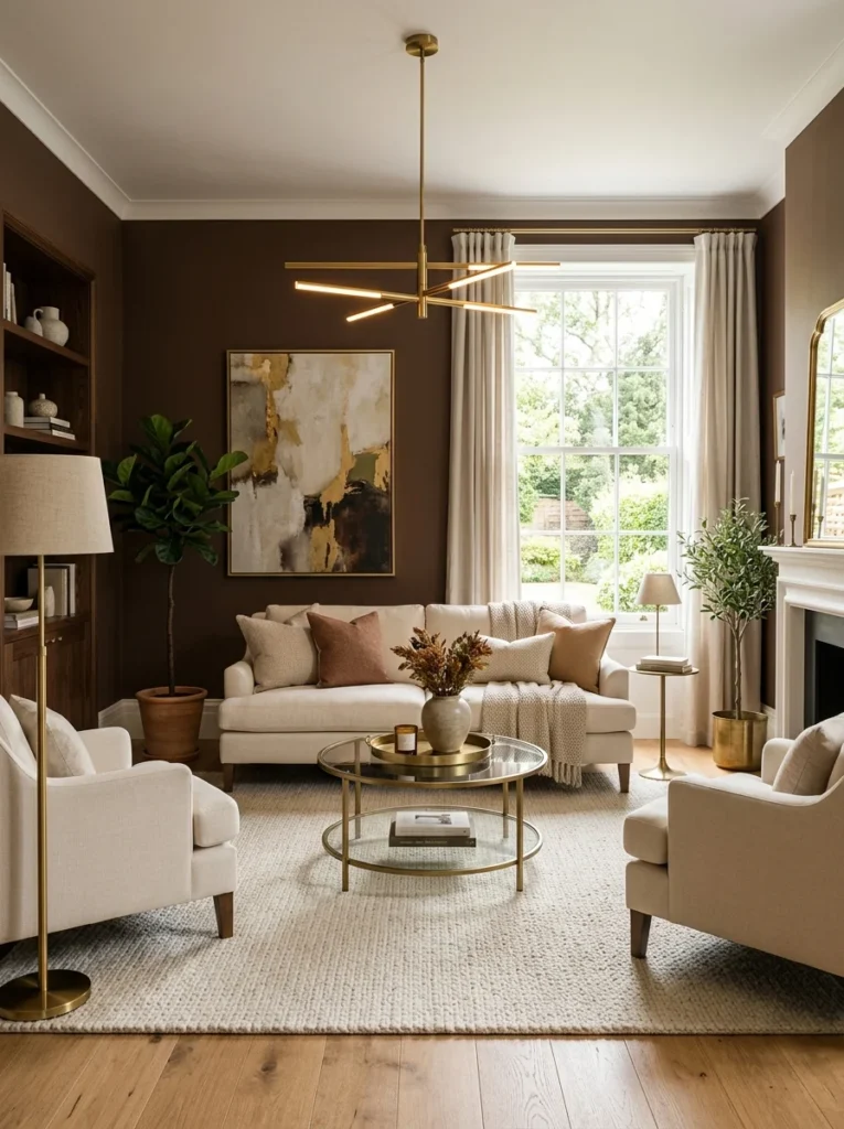 Light oak flooring balancing dark brown living room walls.