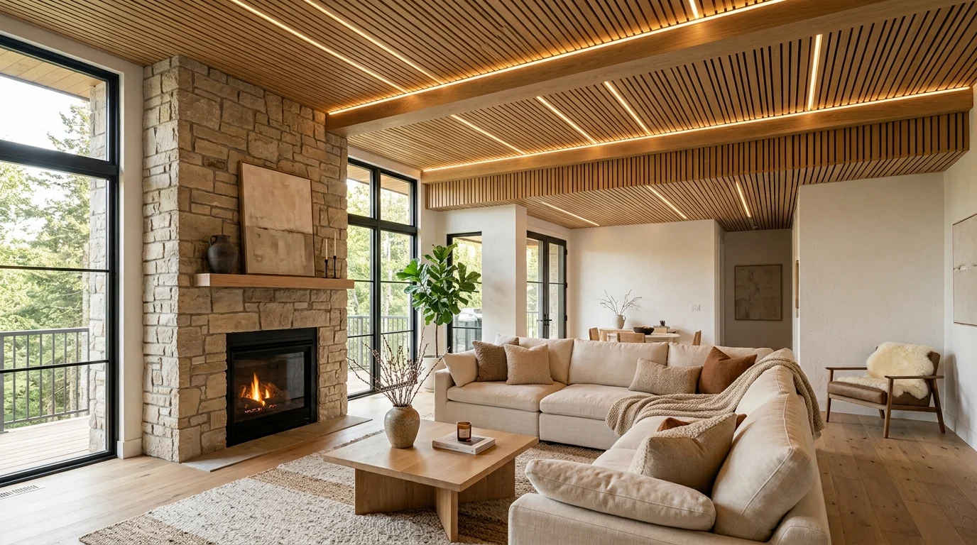 Modern living room featuring a beautiful natural wood plank ceiling with faux beams and warm LED lighting.