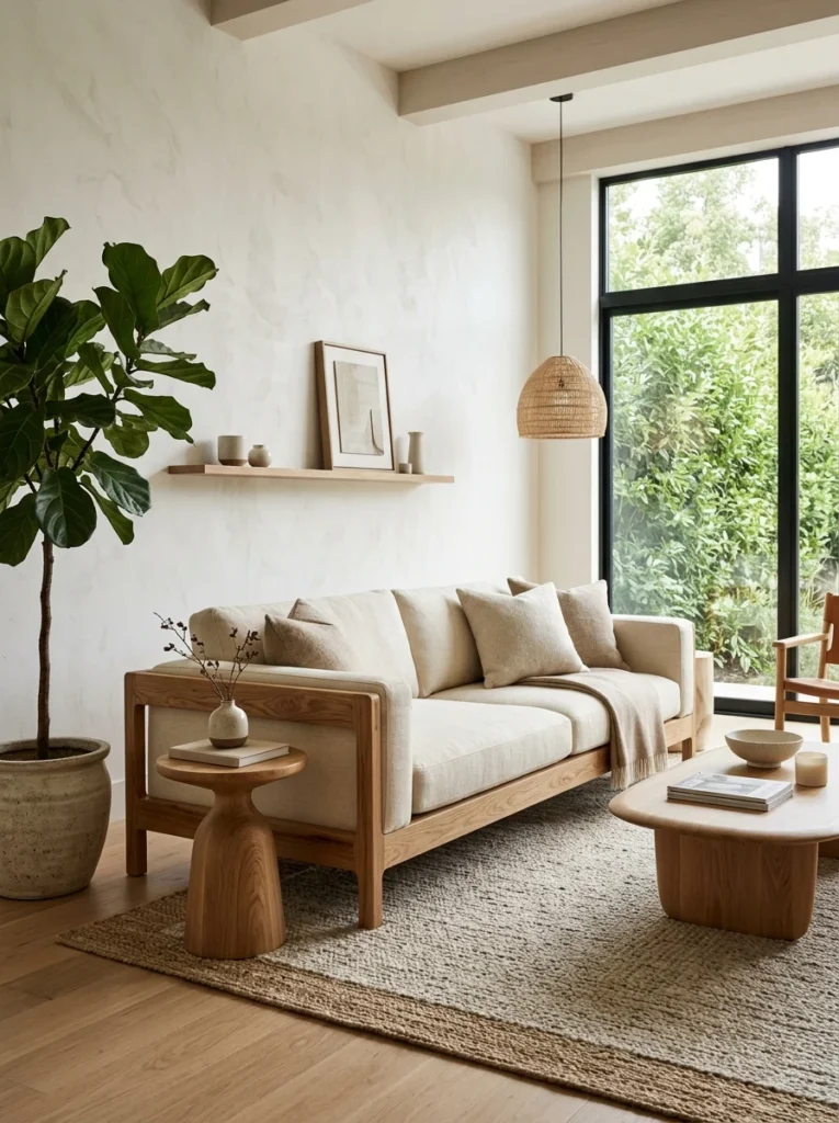 Cream sofa with an exposed architectural oak frame in an organic modern living room.