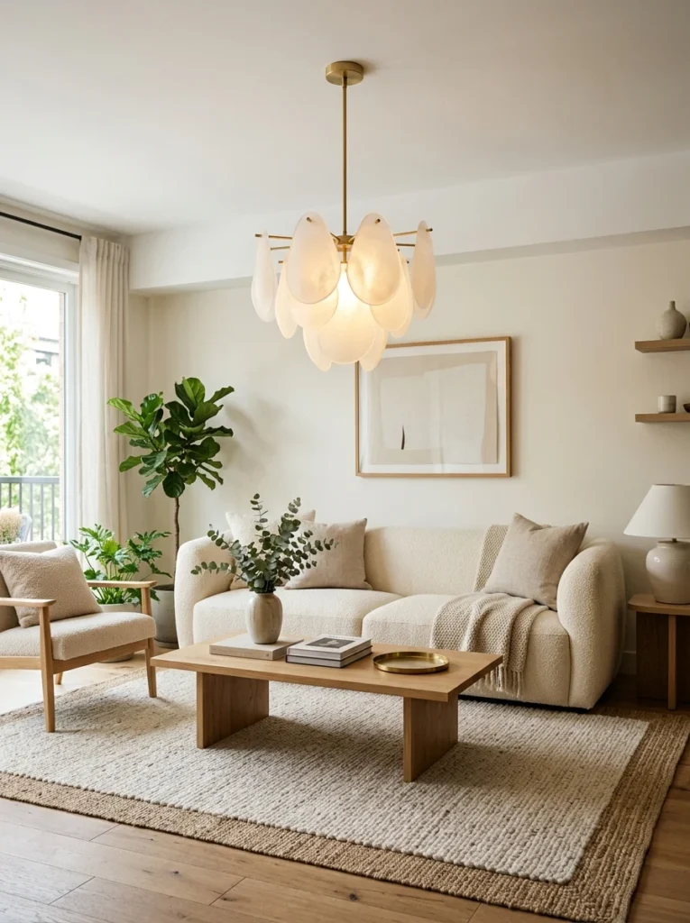 Sculptural pendant light replacing a basic overhead fixture in a modern living room.