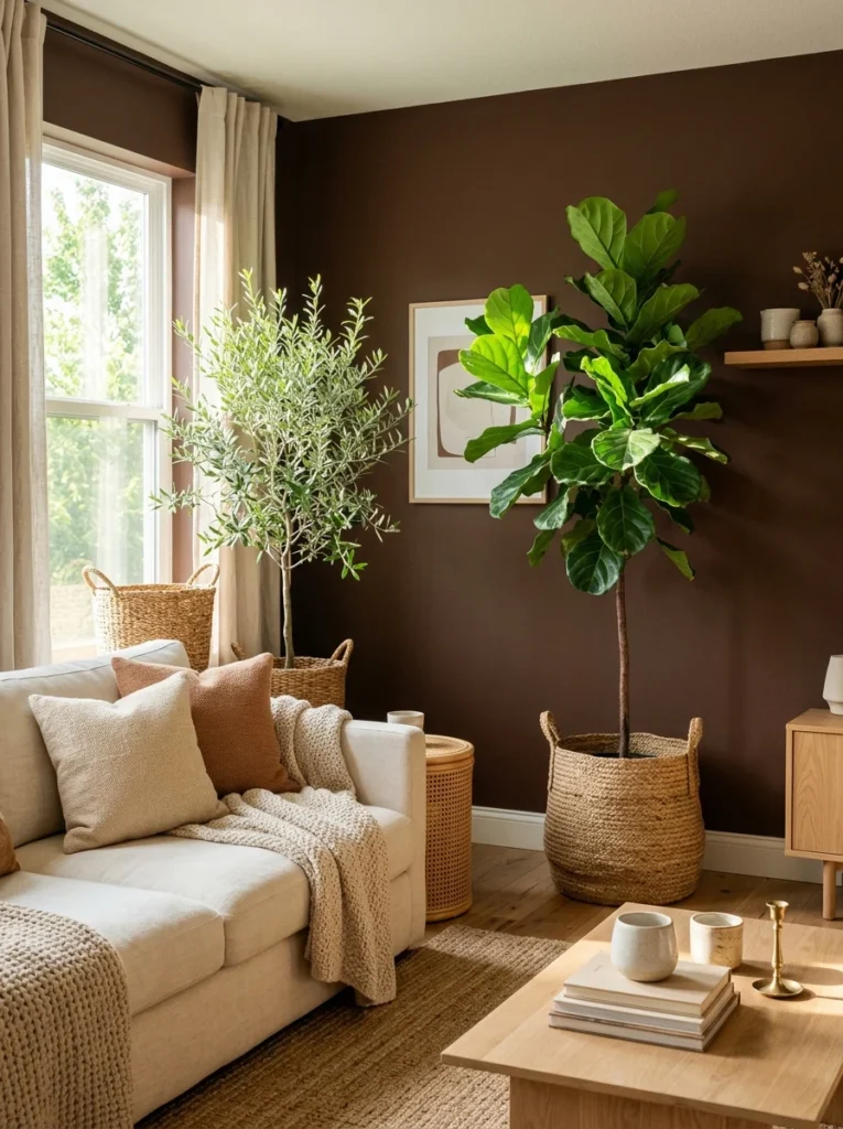 Indoor plants adding fresh contrast to brown walls.