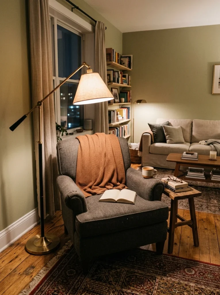 Floor lamp positioned beside a reading chair for practical everyday lighting.