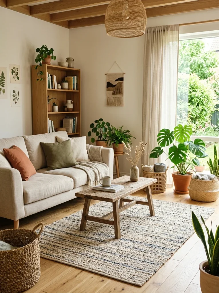 Sustainable recycled fiber rug in an eco-friendly living room.