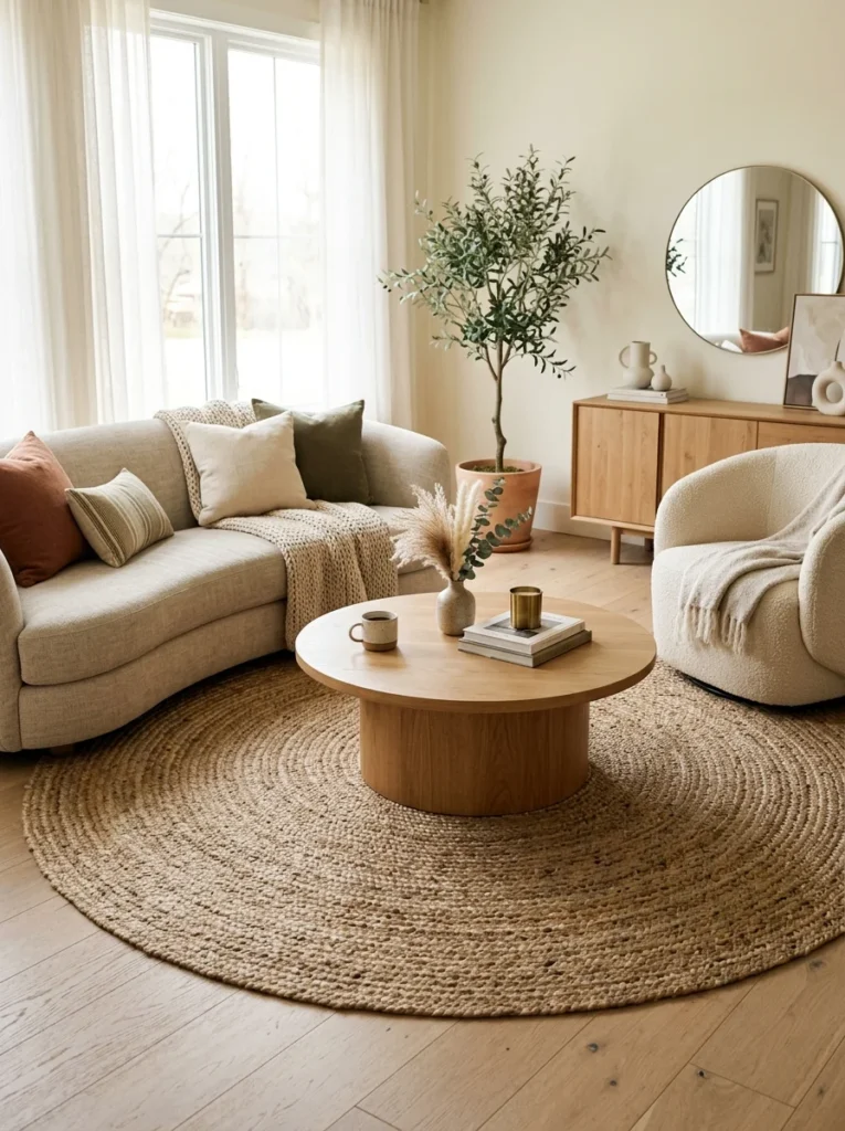 Round coffee table layered over a large round rug in a softly styled living room.