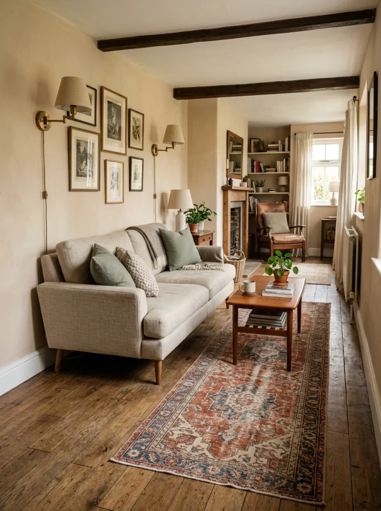 Vintage runner rug decorating a narrow living room.