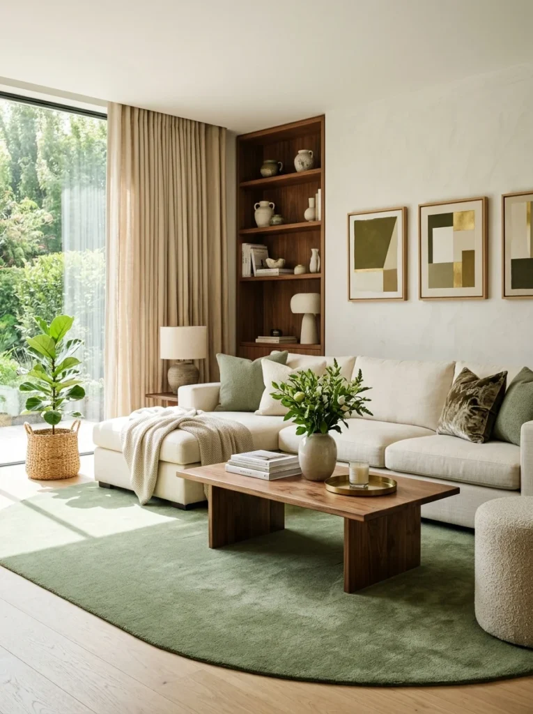 Custom sage green carpet designed for a modern living room.