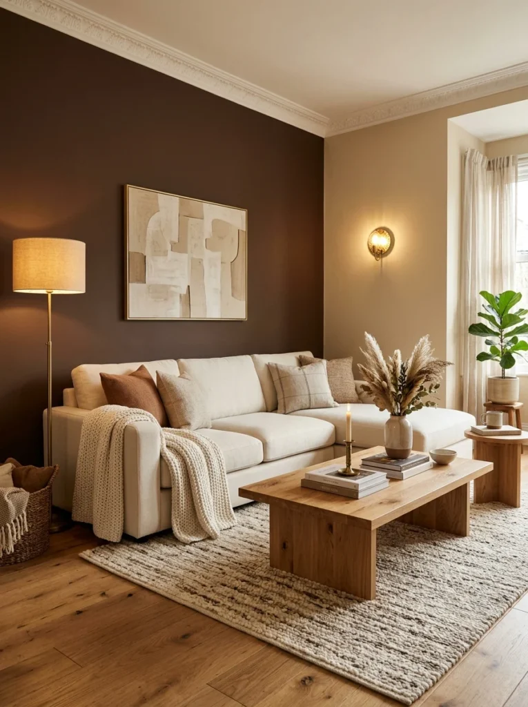 Brown accent wall behind a cream sofa.