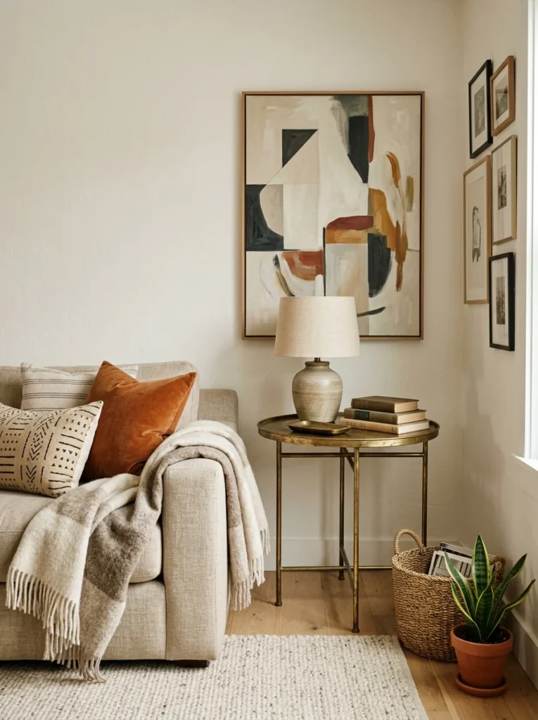 Vintage brass side table mixed with modern decor.