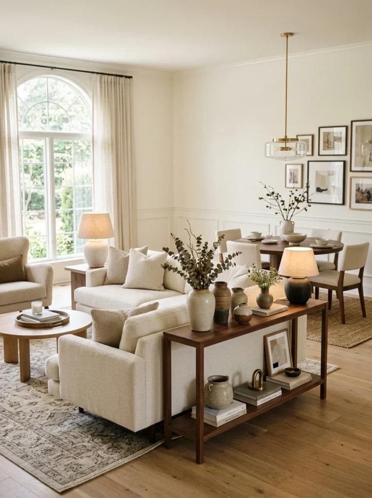 Slim console table creating a soft boundary behind a living room sofa.