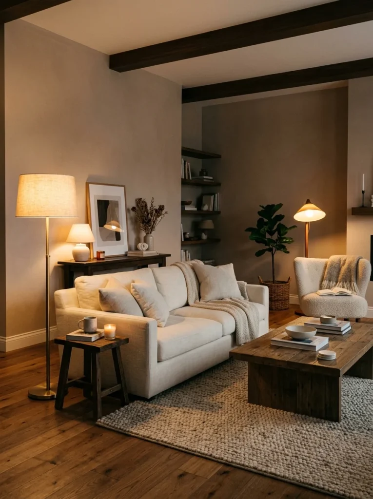 Living room using multiple lamps instead of one harsh overhead light.