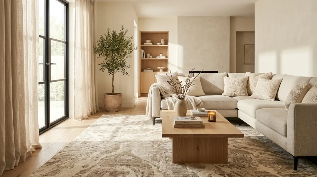 Stylish living room featuring a large modern carpet and warm neutral decor.