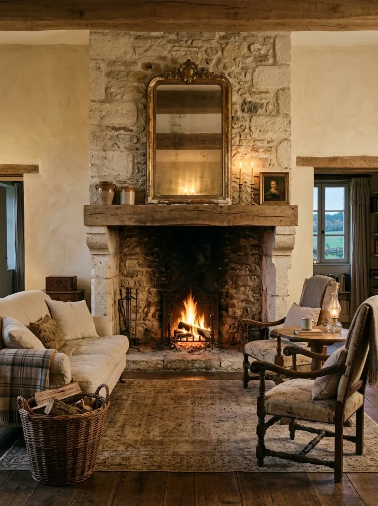 French country living room with a rustic stone fireplace as the main focal point.