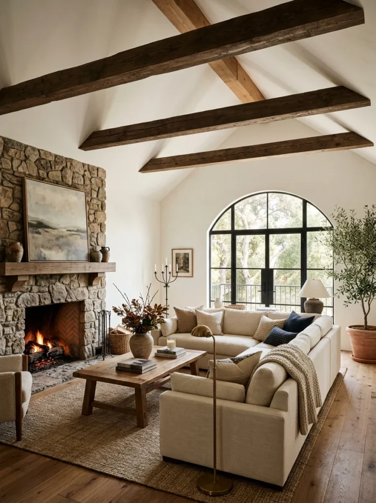 Faux reclaimed wood beams adding character to a white ceiling.