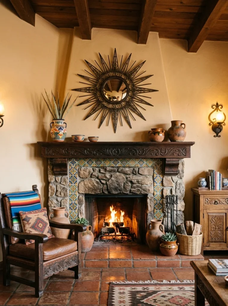Wrought iron sunburst mirror above a fireplace.