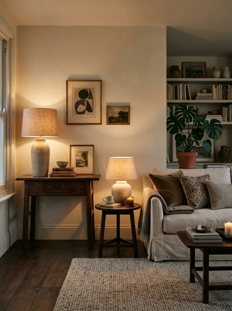 Living room styled with table lamps at different heights for a relaxed layered look.