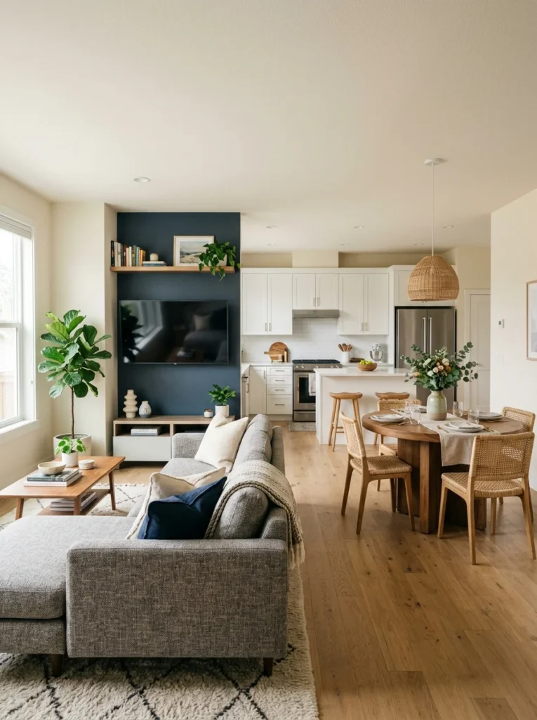 TV positioned away from the dining table in an open living space.