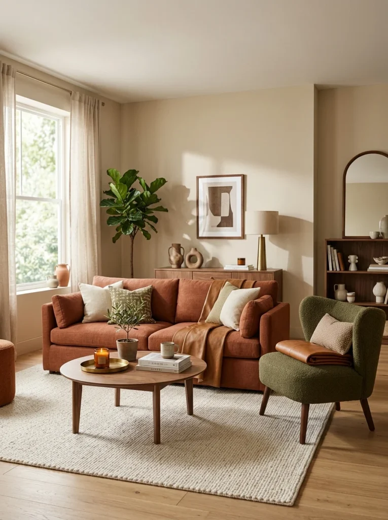 Warm terracotta sofa styled with olive green and caramel brown living room decor.