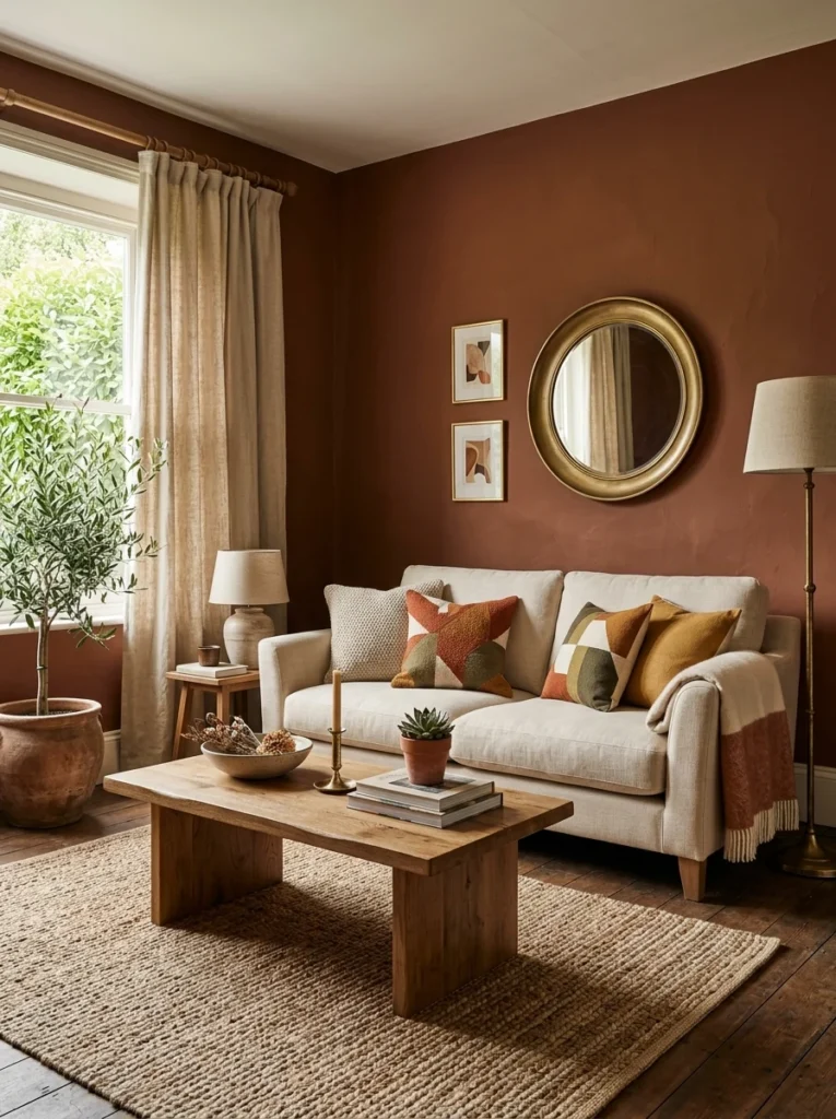 Warm brown walls with subtle red undertones.