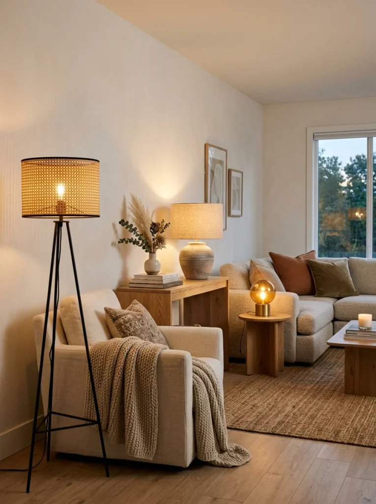 Three lamps arranged at different heights for balanced living room lighting.