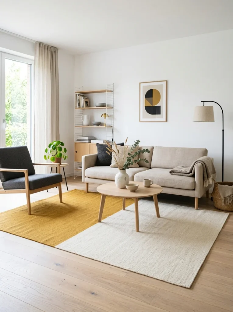 Two-tone color block rug in a Scandinavian living room.