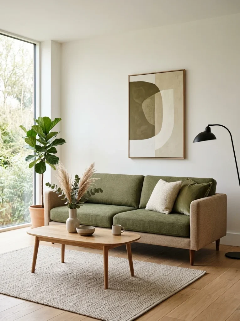 Two-tone sofa with olive green cushions and warm beige upholstery.