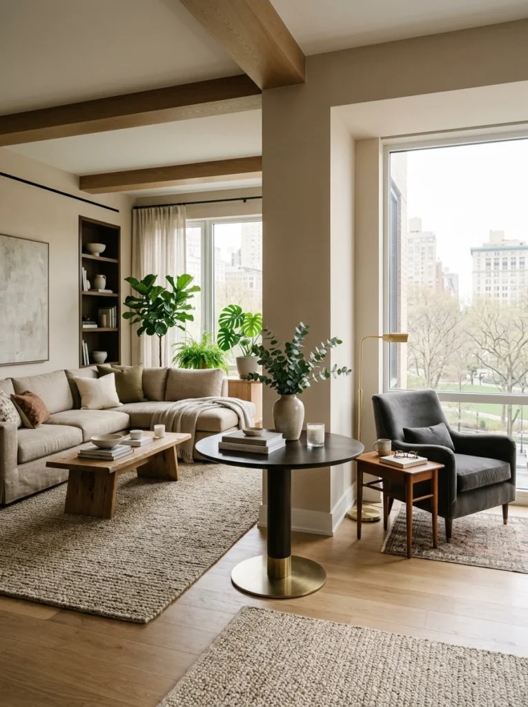 Round table visually connecting two separate seating areas in a large living room.