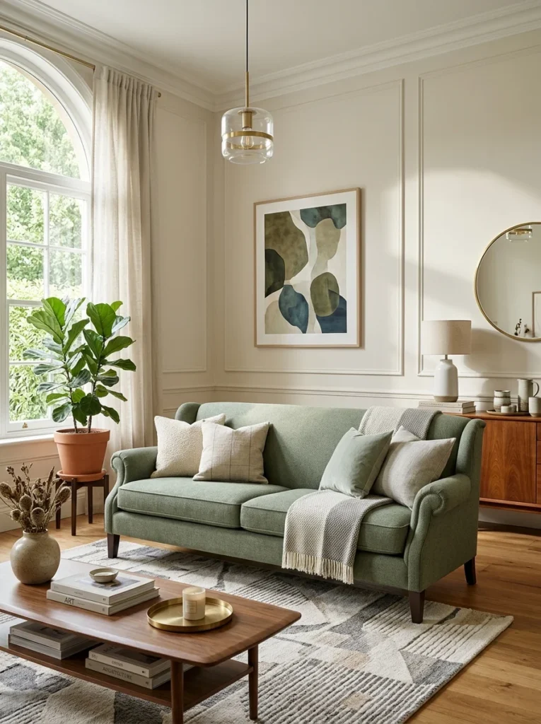 Vintage-inspired sofa upholstered in modern sage green performance fabric.