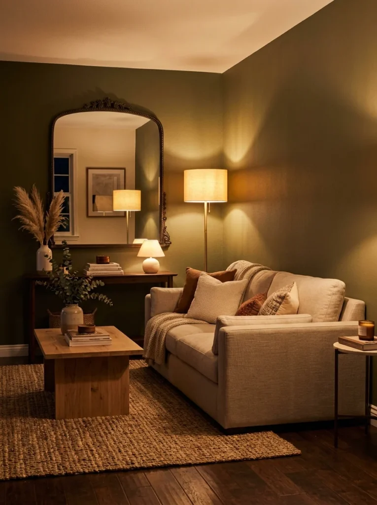 Large wall mirror reflecting warm lamp light throughout a living room.
