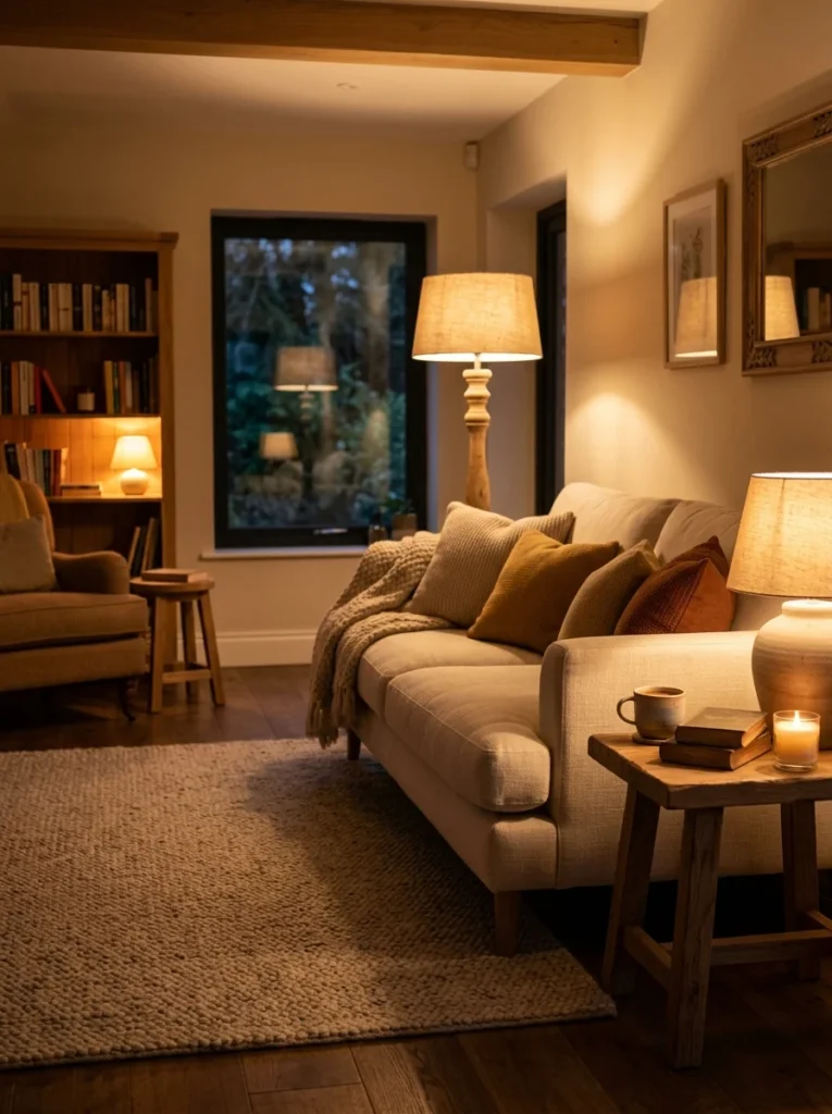 Living room illuminated with warm white bulbs for a cozy evening atmosphere.