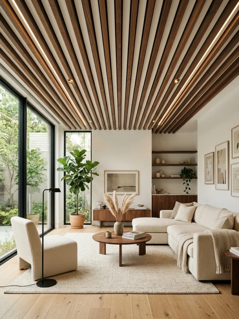 Thin walnut wood slat ceiling creating a modern architectural look.
