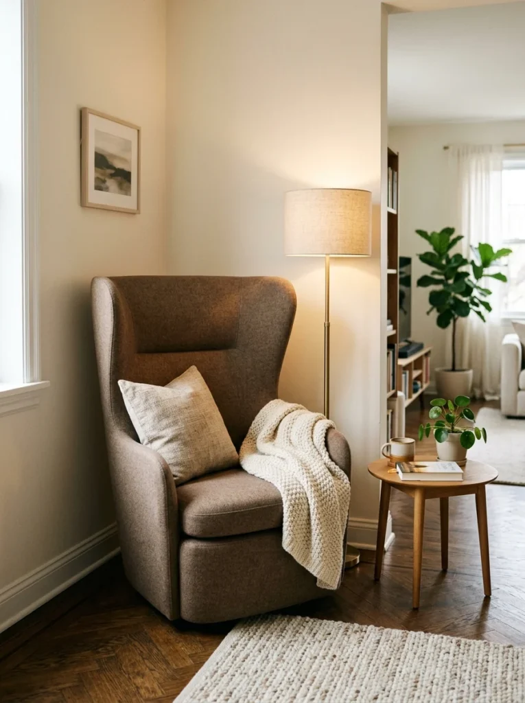 High-backed lounge chair creating a private and cozy feeling in an open room.