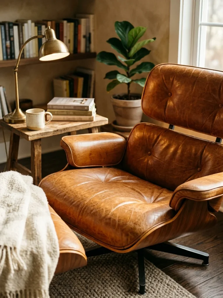 Cognac leather lounge chair with rich texture and naturally worn upholstery.