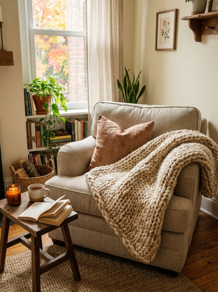 Cozy lounge chair styled with a chunky knit throw blanket within easy reach.