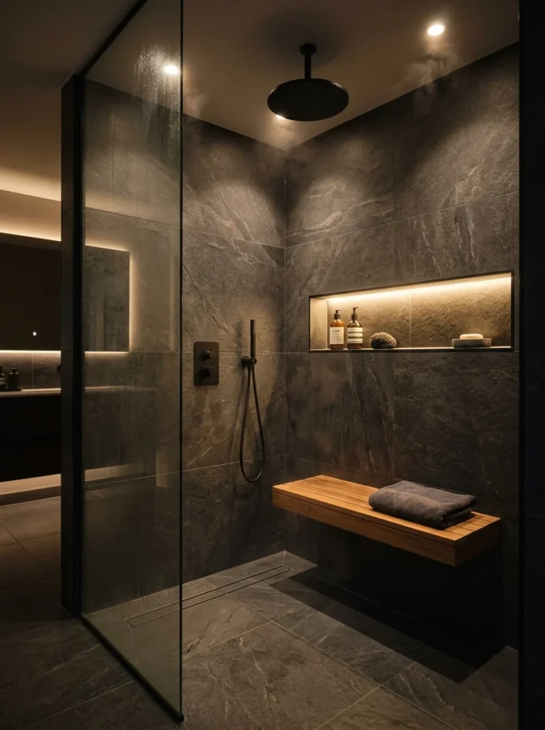 Walk-in shower illuminated with warm recessed and LED accent lighting.