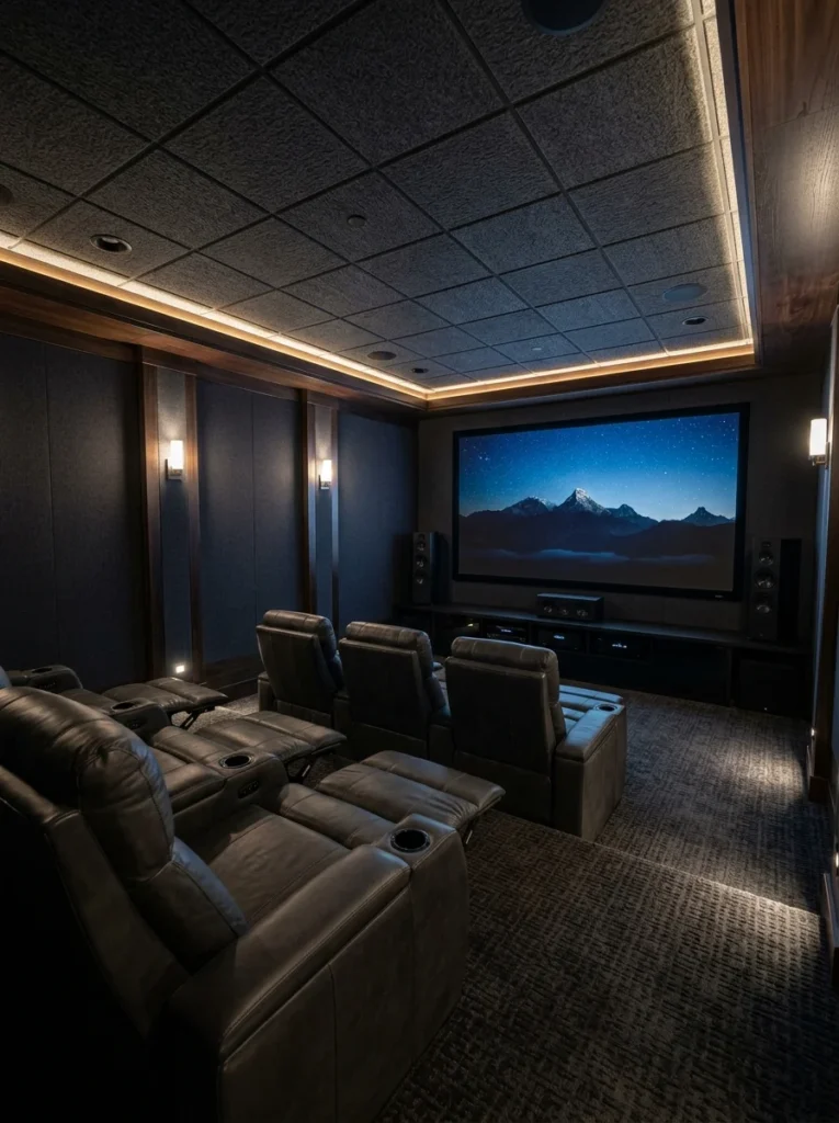 coustic ceiling panels in a basement home theater.