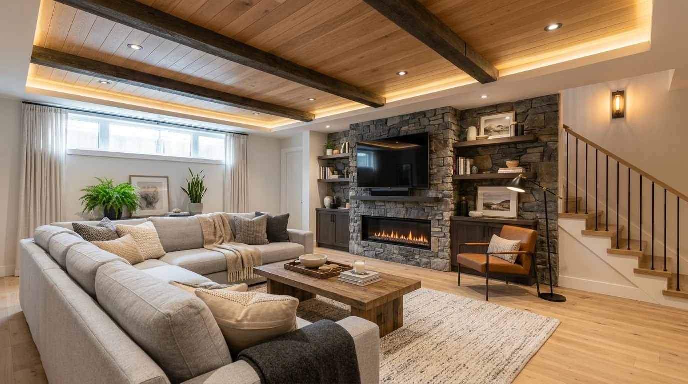 Modern finished basement featuring a wood plank ceiling with faux beams and recessed lighting.