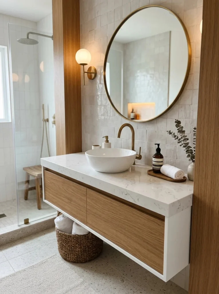 IKEA GODMORGON vanity upgraded with a quartz countertop.