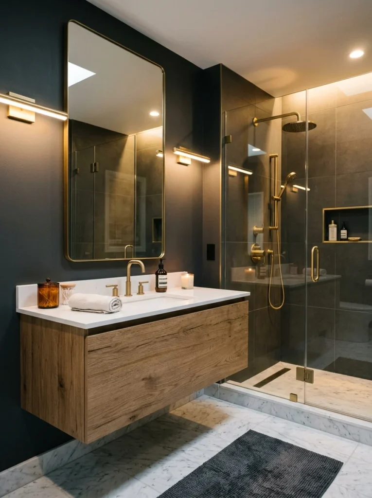 Charcoal gray bathroom with brass fixtures and marble flooring.