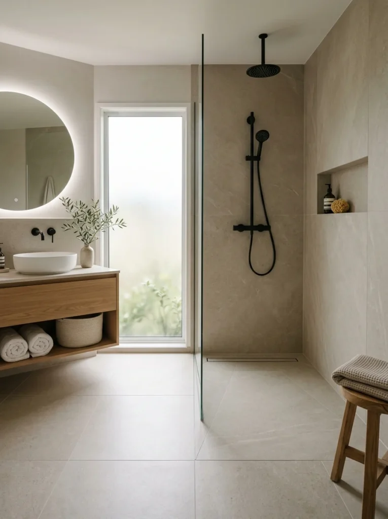 Curbless shower with seamless entry and frameless glass.
