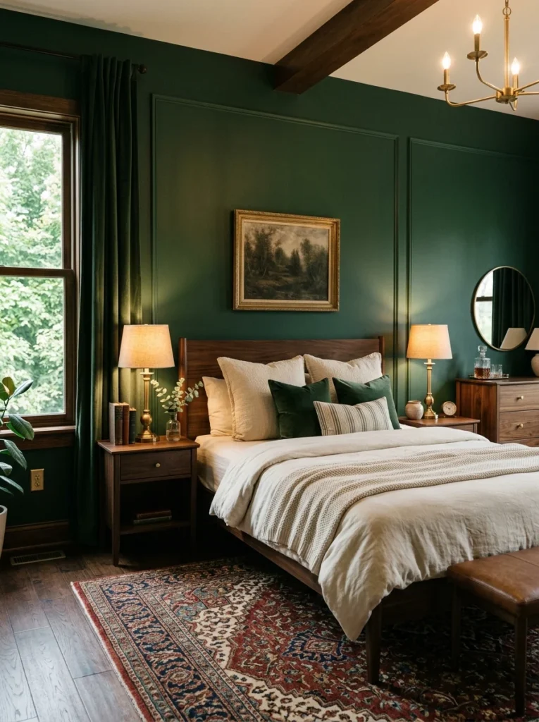 Forest green bedroom with walnut furniture and brass lighting.