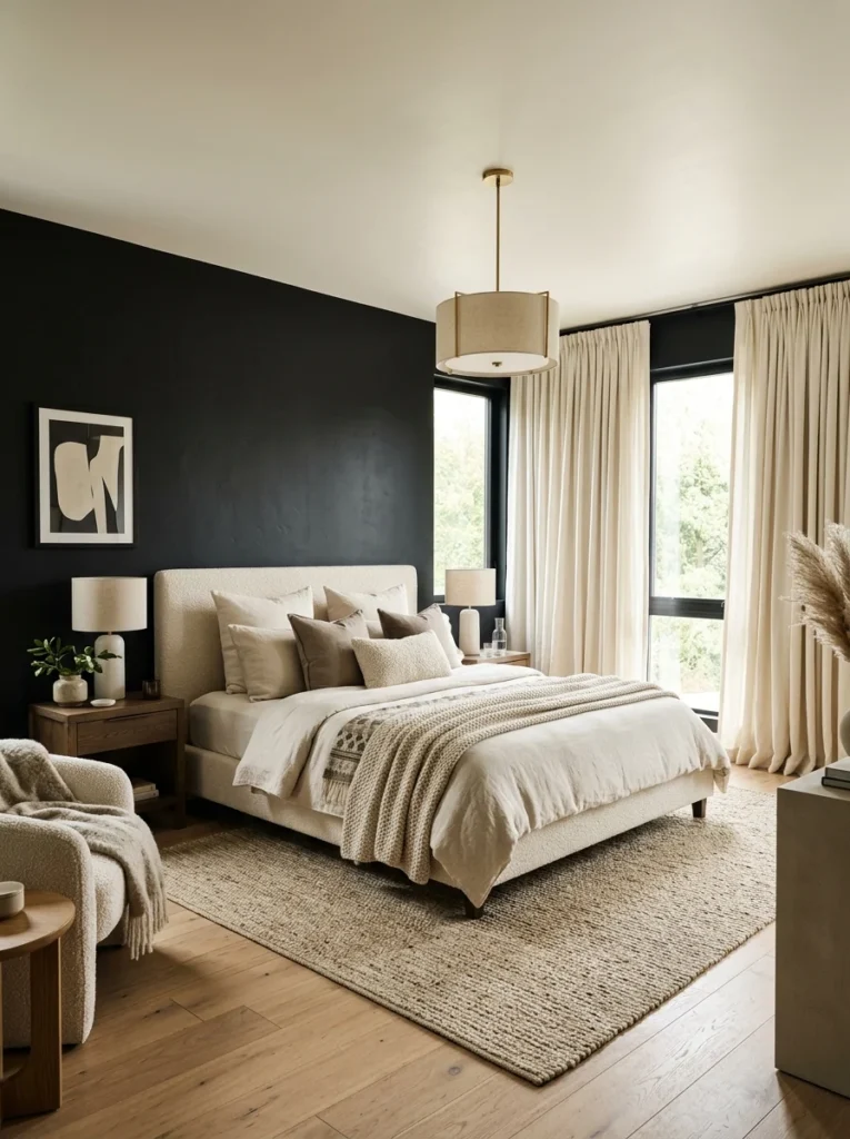 : White ceiling balancing a dramatic black bedroom wall.