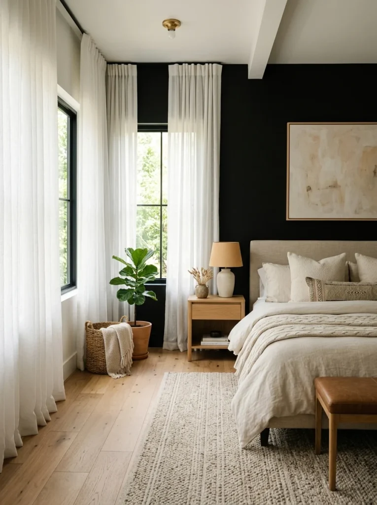 Sheer white curtains balancing a black bedroom wall.