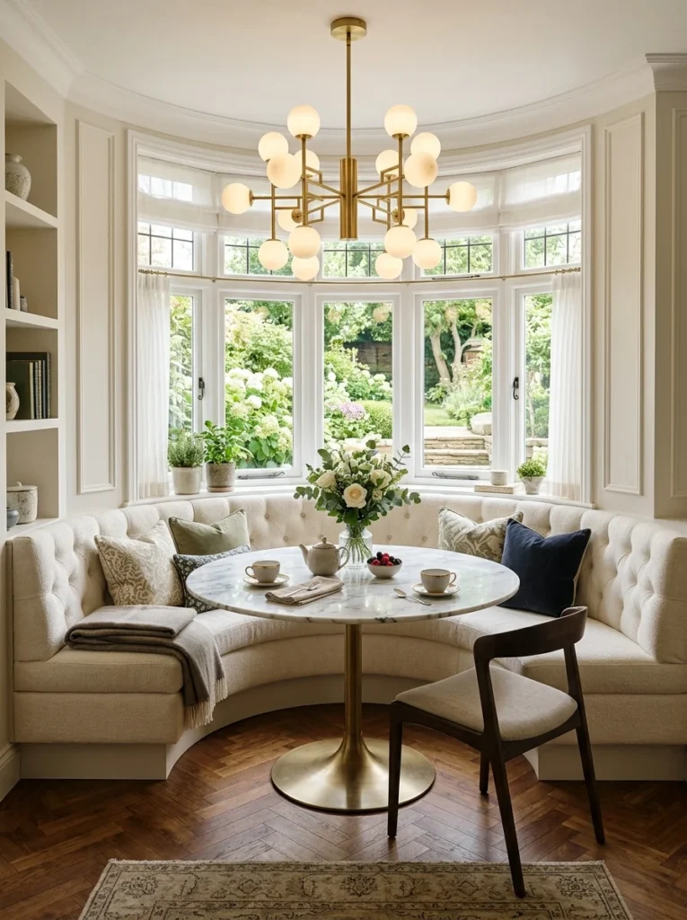Curved upholstered banquette in a breakfast nook.