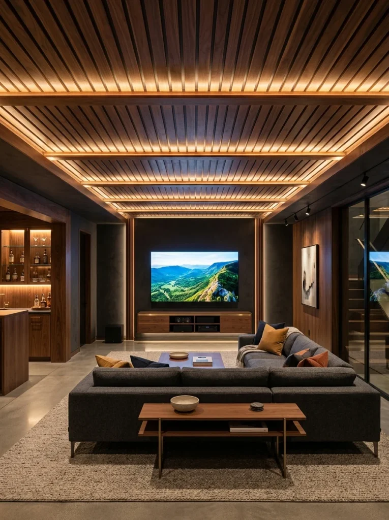 Wood slat ceiling with hidden LED strip lighting.