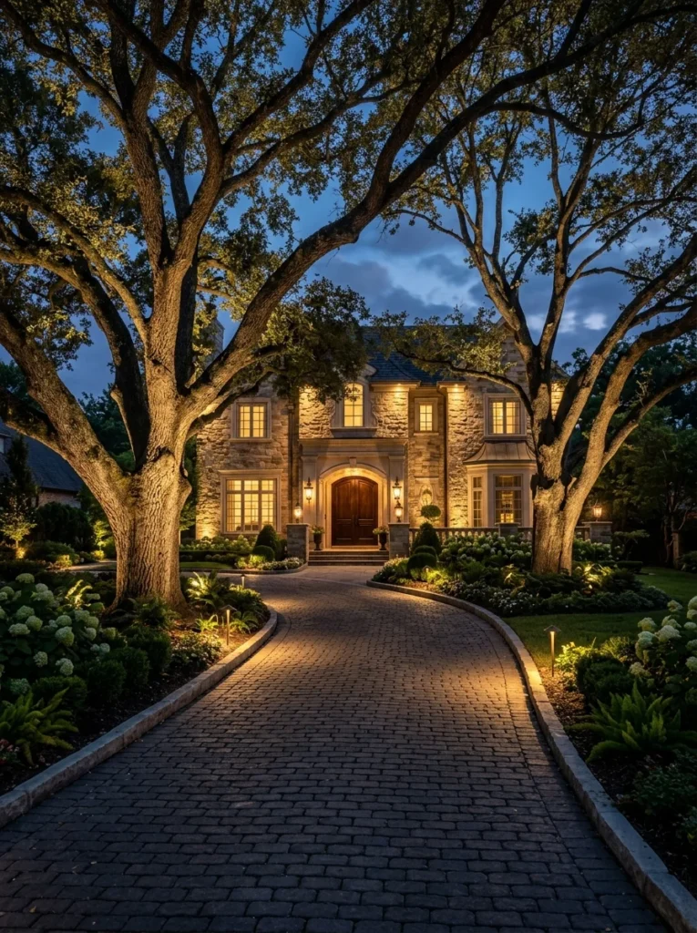 Mature trees highlighted with uplighting beside a driveway.