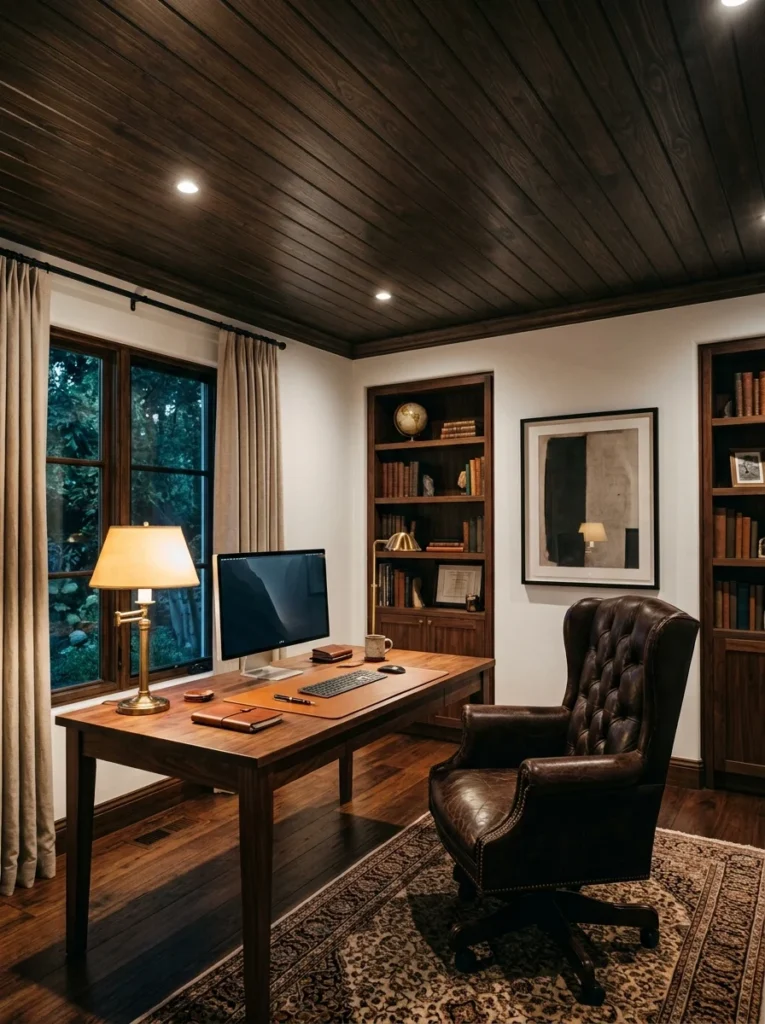 Dark espresso wood ceiling creating dramatic contrast.